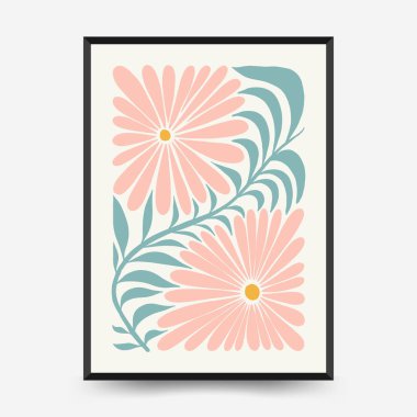 Soyut çiçek posterleri şablonu. Modern trend Matisse minimal tarzı. Pembe ve mavi renkler. Duvar kağıdı, duvar dekoru, baskı, kartpostal, kapak, şablon, pankart için el çizimi tasarımı. 