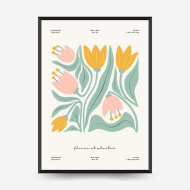 Soyut çiçek posterleri şablonu. Modern trend Matisse minimal tarzı. Pembe ve mavi renkler. Duvar kağıdı, duvar dekoru, baskı, kartpostal, kapak, şablon, pankart için el çizimi tasarımı. 