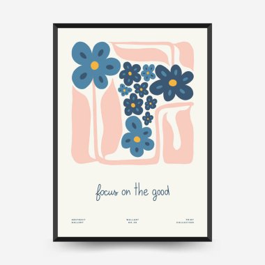 Soyut çiçek posterleri şablonu. Modern trend Matisse minimal tarzı. Pembe ve mavi renkler. Duvar kağıdı, duvar dekoru, baskı, kartpostal, kapak, şablon, pankart için el çizimi tasarımı. 