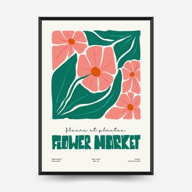 Soyut çiçek posterleri şablonu. Modern trend Matisse minimal tarzı. Pembe ve mavi renkler. Duvar kağıdı, duvar dekoru, baskı, kartpostal, kapak, şablon, pankart için el çizimi tasarımı. 