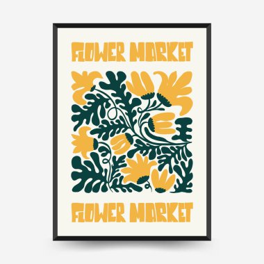 Soyut çiçek posterleri şablonu. Modern trend Matisse minimal tarzı. Pembe ve mavi renkler. Duvar kağıdı, duvar dekoru, baskı, kartpostal, kapak, şablon, pankart için el çizimi tasarımı. 