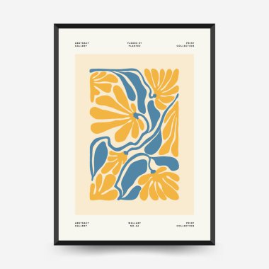 Soyut çiçek posterleri şablonu. Modern trend Matisse minimal tarzı. Pembe ve mavi renkler. Duvar kağıdı, duvar dekoru, baskı, kartpostal, kapak, şablon, pankart için el çizimi tasarımı. 