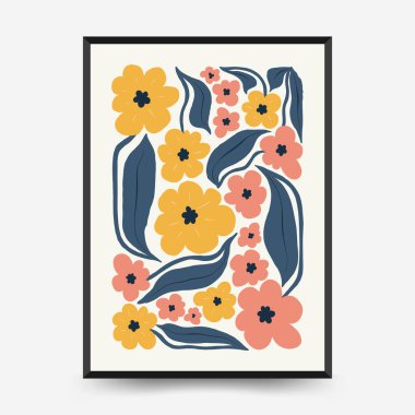 Soyut çiçek posterleri şablonu. Modern trend Matisse minimal tarzı. Pembe ve mavi renkler. Duvar kağıdı, duvar dekoru, baskı, kartpostal, kapak, şablon, pankart için el çizimi tasarımı. 