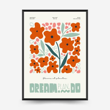 Soyut çiçek posterleri şablonu. Modern trend Matisse minimal tarzı. Pembe ve mavi renkler. Duvar kağıdı, duvar dekoru, baskı, kartpostal, kapak, şablon, pankart için el çizimi tasarımı. 