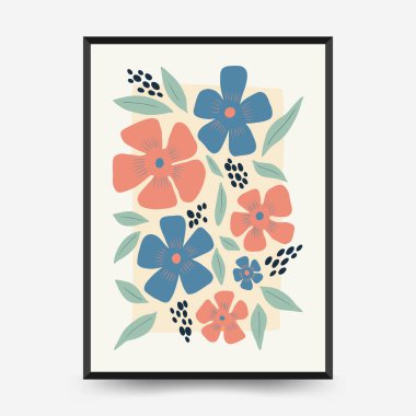 Soyut çiçek posterleri şablonu. Modern trend Matisse minimal tarzı. Pembe ve mavi renkler. Duvar kağıdı, duvar dekoru, baskı, kartpostal, kapak, şablon, pankart için el çizimi tasarımı. 