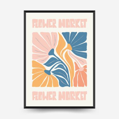 Soyut çiçek posterleri şablonu. Modern trend Matisse minimal tarzı. Pembe ve mavi renkler. Duvar kağıdı, duvar dekoru, baskı, kartpostal, kapak, şablon, pankart için el çizimi tasarımı. 