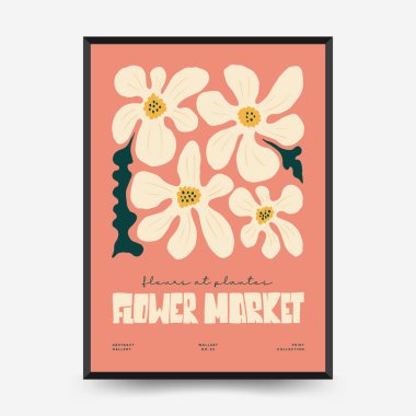 Soyut çiçek posterleri şablonu. Modern trend Matisse minimal tarzı. Pembe ve mavi renkler. Duvar kağıdı, duvar dekoru, baskı, kartpostal, kapak, şablon, pankart için el çizimi tasarımı. 