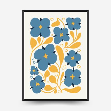 Soyut çiçek posterleri şablonu. Modern trend Matisse minimal tarzı. Pembe ve mavi renkler. Duvar kağıdı, duvar dekoru, baskı, kartpostal, kapak, şablon, pankart için el çizimi tasarımı. 