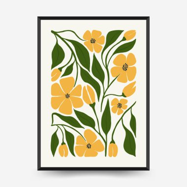 Soyut çiçek posterleri şablonu. Modern trend Matisse minimal tarzı. Pembe ve mavi renkler. Duvar kağıdı, duvar dekoru, baskı, kartpostal, kapak, şablon, pankart için el çizimi tasarımı. 