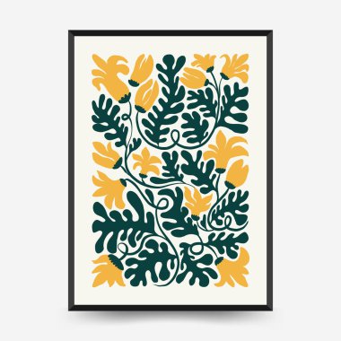 Soyut çiçek posterleri şablonu. Modern trend Matisse minimal tarzı. Pembe ve mavi renkler. Duvar kağıdı, duvar dekoru, baskı, kartpostal, kapak, şablon, pankart için el çizimi tasarımı. 