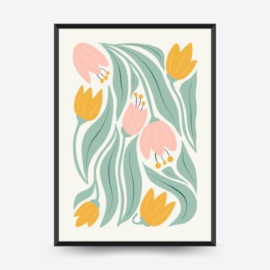 Soyut çiçek posterleri şablonu. Modern trend Matisse minimal tarzı. Pembe ve mavi renkler. Duvar kağıdı, duvar dekoru, baskı, kartpostal, kapak, şablon, pankart için el çizimi tasarımı. 