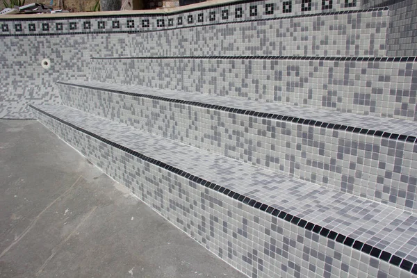 Tiles Being Applied Refurbish Swimming Pool Image Group Stages Work — Stock Photo, Image