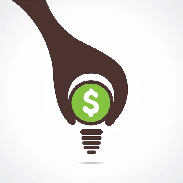Design criativo de bulbo dólar, mão segurar uma moeda e parte inferior da lâmpada é vetor de design — Vetor de Stock