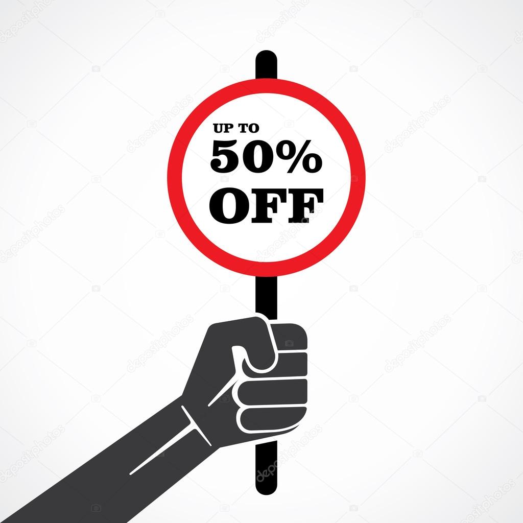 50 percent OFF placard holding hand vector