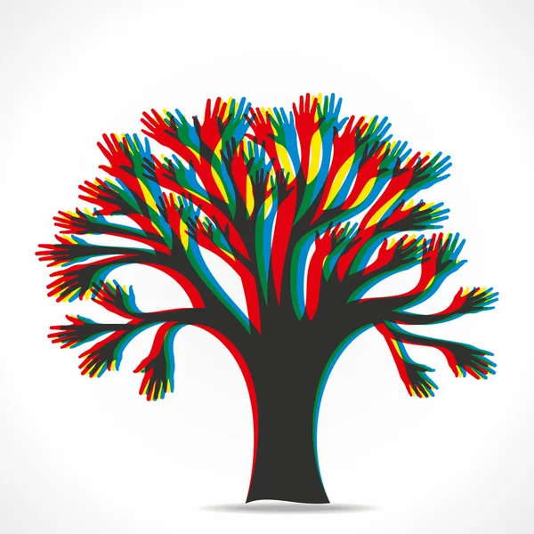Vettore colorato dell'albero della mano sovrapposizione mano — Vettoriale Stock