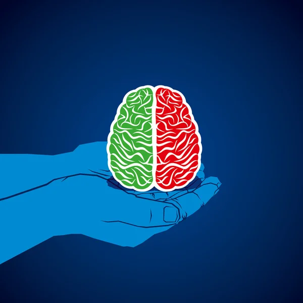 Gehirn in der Hand mit zwei verschiedenen farbigen Hintergrundvektoren — Stockvektor