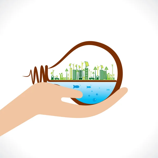 Creative green city or eco city in bulb — Stock Vector