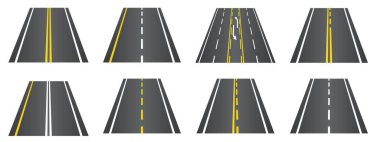 Havadan bakıldığında beyaz ve sarı işaretli yollar. Yol konumu bilgi şablonu. Otoyol. Vektör illüstrasyonu beyaz arkaplanda izole edildi.