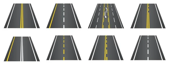 Σύνολο δρόμων με λευκά και κίτρινα σημάδια σε εναέρια προοπτική. Οδική τοποθεσία infographic πρότυπο. Στον αυτοκινητόδρομο. Εικονογράφηση διανύσματος απομονωμένη σε λευκό φόντο. — Διανυσματικό Αρχείο