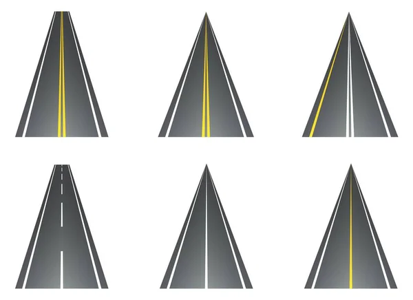 Conjunto de carreteras con marcas blancas y amarillas en perspectiva aérea. Plantilla infográfica de ubicación vial. Carretera. Ilustración vectorial aislada sobre fondo blanco. — Vector de stock