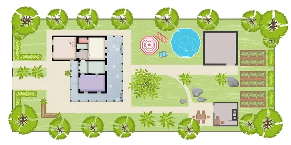 Evi, avlusu, çimeni ve barbekü yeri olan bir ülkenin en iyi manzarası. Çok detaylı bir peyzaj tasarımı planı. Bir evin üst görüntüsü. Vektör illüstrasyonu.
