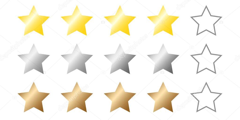 Star review rating vector icons. Collection of stars for different levels ratings gold, silver, bronze. Website product review stars. Rating Stars. Five stars customer product rating.