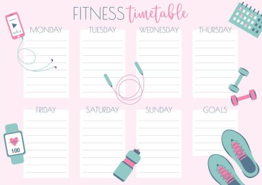 Fitness zaman çizelgesi. Ayakkabı, ağırlık, oyuncu, şişe ve ip atlama programları. Spor salonu planlayıcısı. Vektör çizimi. Yapılacaklar listesi. Vektör çizimi. Sağlıklı bir yaşam tarzı. Düz tasarım.