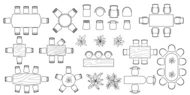 Yemek odası, ofis, ev, apartman, oturma odası için renksiz mobilya setleri. İç mekan ikonu, masalar, sandalyeler, bitkiler. Mobilya sembolü iç tasarım için ayarlandı. Üst Manzara. İzole Vektör