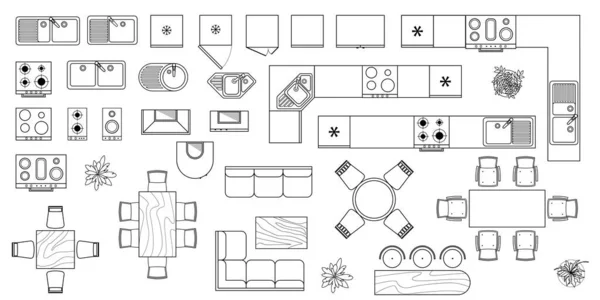 Mutfak, yemek odası, ev, daire, ofis için renksiz mobilya seti. İç mekan, ekipman, masa, sandalye, lavabo manzarası. Mobilya sembolü iç tasarım için ayarlandı. Vektör