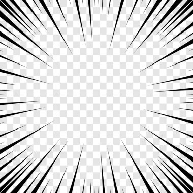 Manga anime aksiyon çerçeve hatları. Şeffaf arka planda hız çizgileri olan soyut patlayıcı şablonu. Hareket radyal çizgileri. Flaş patlaması yarıçapı çizgileri Vektör çizimi