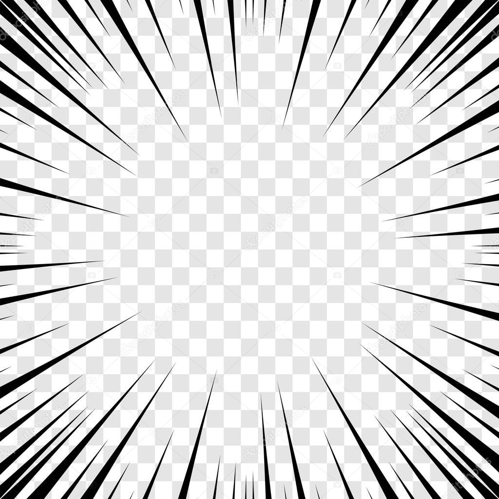 Manga anime action frame lines. Abstract explosive template with speed lines on transparent background. Motion radial lines. Flash explosion radial lines Vector illustration