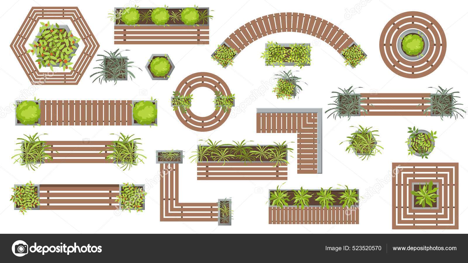 Set Vector Wooden Benches Plants Pots Landscape Design Top View Stock