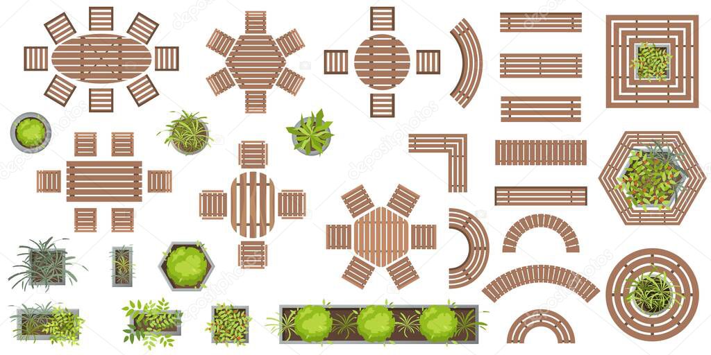 Set of vector wooden furniture, benches and plants in pots for landscape design top view. Collection of architectural elements for projects. Table, chair, bench, pot, grass, tree in flat style
