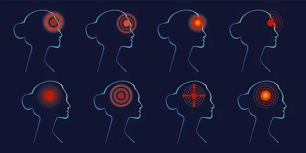 Set vrouwelijke silhouetten met hoofdpijn, migraine, hoofdpijn, gezondheidsproblemen. Hoofdpijn en migraine concept. Vector illustratie in neon licht stijl, medisch concept, hoofd profiel, icoon, gezondheidszorg — Stockvector