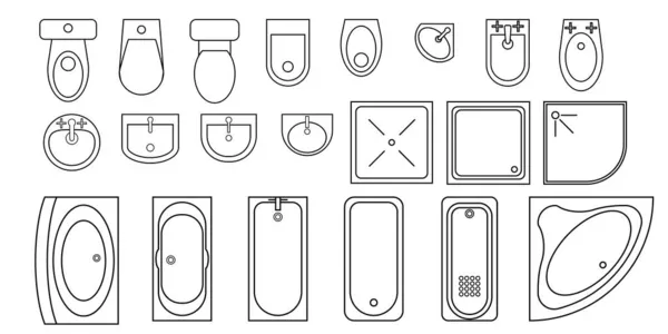 Vektör ayarlandı. Banyo mobilyaları. Üst Manzara. Mimari koleksiyon. Banyolar, kabuklar, tuvaletler, bidonlar, pisuarlar, duşlar. Yukarıdan bak. Düz biçimli vektör illüstrasyonu.