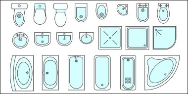 Renkli banyo mobilyası seti. Üst Manzara. Vektör Mimari Koleksiyonu. Banyolar, kabuklar, tuvaletler, bidonlar, pisuarlar, duşlar. Yukarıdan bak. Düz biçimli vektör illüstrasyonu.