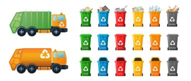 Plastik kutular ve çöp kamyonu. Çöp kamyonları ve farklı çöp konteynırları olan vektör çöp toplama: Organik, Plastik, Metal, Kağıt, Cam, E-Atık. Atık yönetim seti