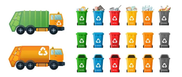 Plastik kutular ve çöp kamyonu. Çöp kamyonları ve farklı çöp konteynırları olan vektör çöp toplama: Organik, Plastik, Metal, Kağıt, Cam, E-Atık. Atık yönetim seti — Stok Vektör