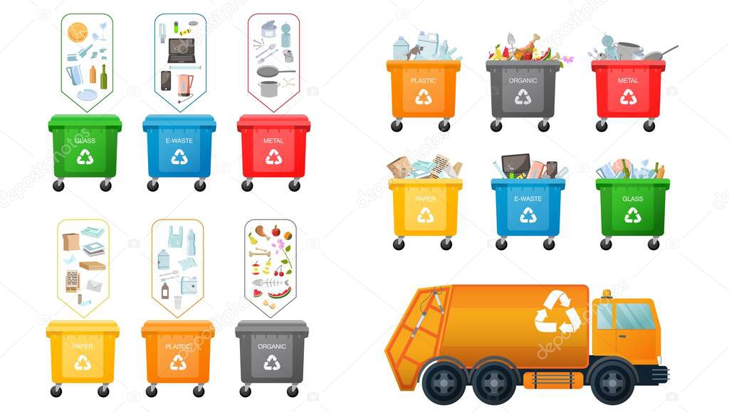 Plastic bins and truck for garbage. Vector set with Garbage trucks with frontal loader and containers for different types of trash: Organic, Plastic, Metal, Paper, Glass, E-waste. Waste management