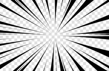 Manga hareketli radyal çizgiler. Anime aksiyon çerçevesi çizgileri. Şeffaf arka planda hız çizgileri olan soyut patlayıcı şablonu. Flaş patlaması yarıçapı çizgileri Vektör çizimi