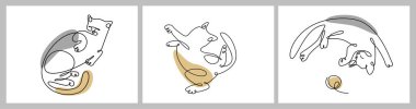 Kediler sırtüstü yatıyorlar. Soyut şekilli modern kediler, tek çizgi çizimi. İçinde uyuyan, oynayan, Kedileri rahatlatan modaya uygun minimalist posterler. Evcil hayvan logosu. Vektör
