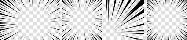 Manga hareketli radyal çizgiler. Anime aksiyon çerçevesi çizgileri. Soyut patlayıcı dikdörtgen ve şeffaf arkaplanda hız çizgileri olan kare şablon. Flaş patlaması yarıçapı çizgileri Vektör çizimi
