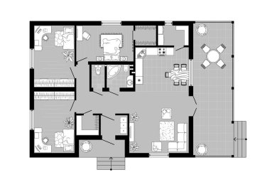 İç tasarım kat planı üst görünüm. Yukarıdan bir evin mimari planı. Siyah ve beyaz vektör düzeni. Çizim manzaralı mobilyalı bir daire. Grafik tasarım ögeleri