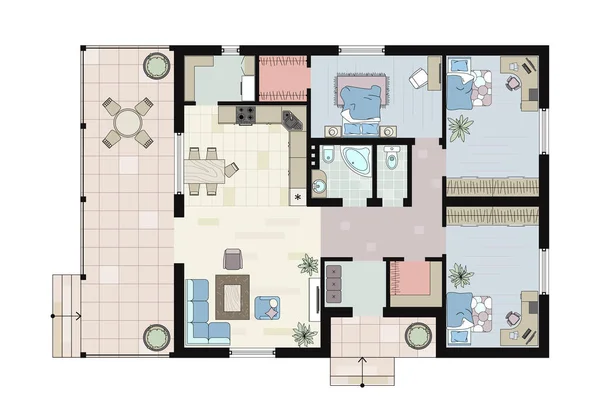 Inredning färgad planlösning ovanifrån. Arkitektonisk plan för ett hus med möbler. Vektor Layout från ovan av lägenheten. Grafiska designelement. Vektorhus, ritning — Stock vektor