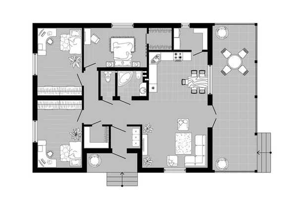 Vista superior de planta de diseño de interiores. Plano arquitectónico de una casa desde arriba. Diseño vectorial blanco y negro. Apartamento con los muebles en la vista del dibujo. Elementos de diseño gráfico — Vector de stock