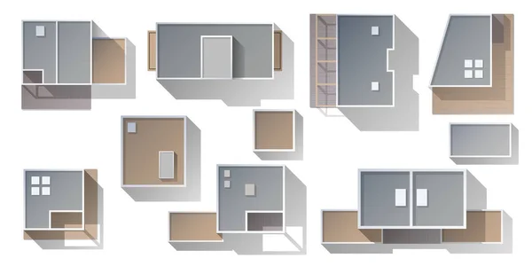 Architectural elements for design of cities plans Top view . Residental complex. Objects to the map view from above. Set of different kinds of houses, buildings. for design . Vector illustration — Image vectorielle