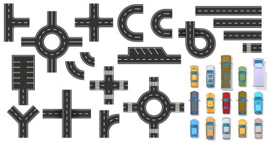 Yol elemanları ve arabaların üst görüntüsü. Şehir haritası tasarımı için şehir ulaşımı ayarlandı, plan. Araç taşıma simgesi. Yaya yolu ve kavşağı olan bir cadde. Kusursuz bir inşaatçı. Sokak kavşağı ve yol nesnesi