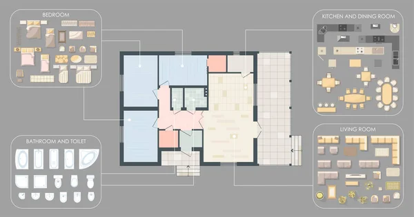 Plano de planta con muebles fijados vista superior para el diseño interior de una casa. Planta técnica arquitectónica coloreada. Apartamento de tres dormitorios arquitectónico CAD dibujo. Kit de vectores con elementos de diseño — Vector de stock