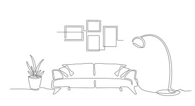 Kanepe, bitki, lamba ve fotoğraf için çerçeve ile aralıksız iç hat. Modern mobilya dokunuşlu bir oturma odası çizimi. Tek sıra. El hatları. Saksıda çiçek. Doodle vektörü