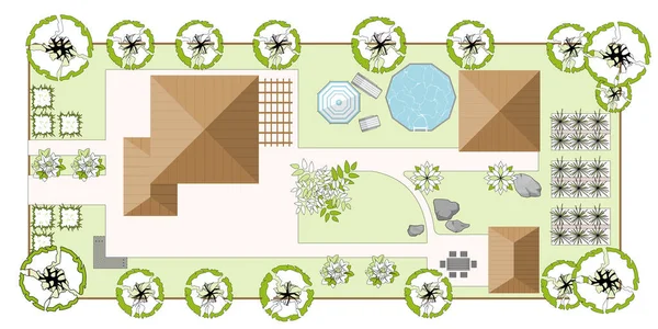 Top View Landscape Design Plan House Courtyard Lawn Garage Highly — 스톡 벡터